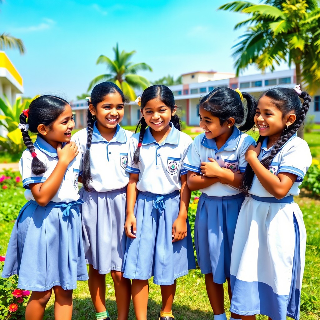 A delightful scene featuring six Malayali school girls, around 10 years old, dressed in a matching white and blue school uniform