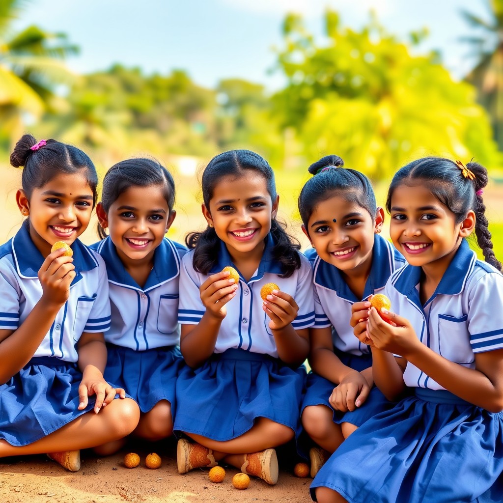 A joyful scene depicting six Malayali school girls, around 10 years old, wearing matching white and blue school uniforms