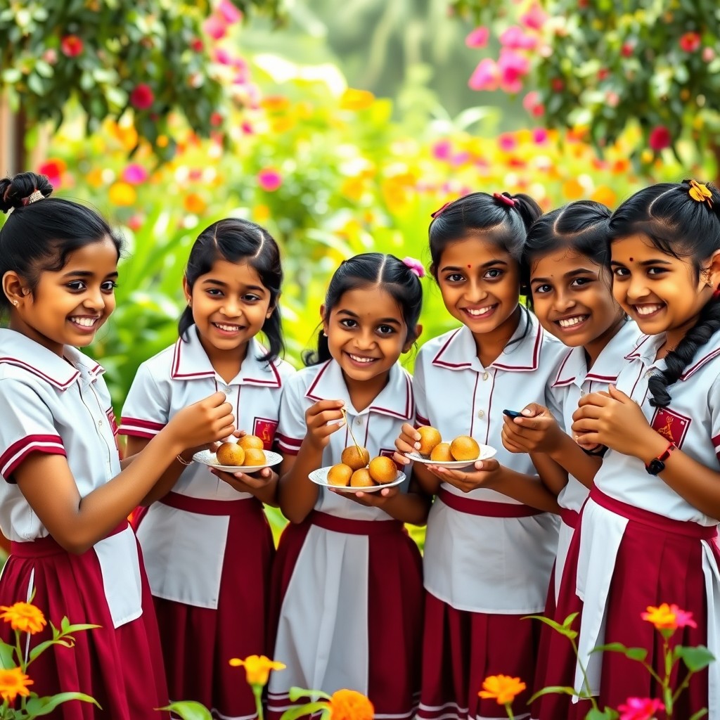 A lively scene depicting six Malayali school girls, around 10 years old, dressed in matching white and maroon school uniforms