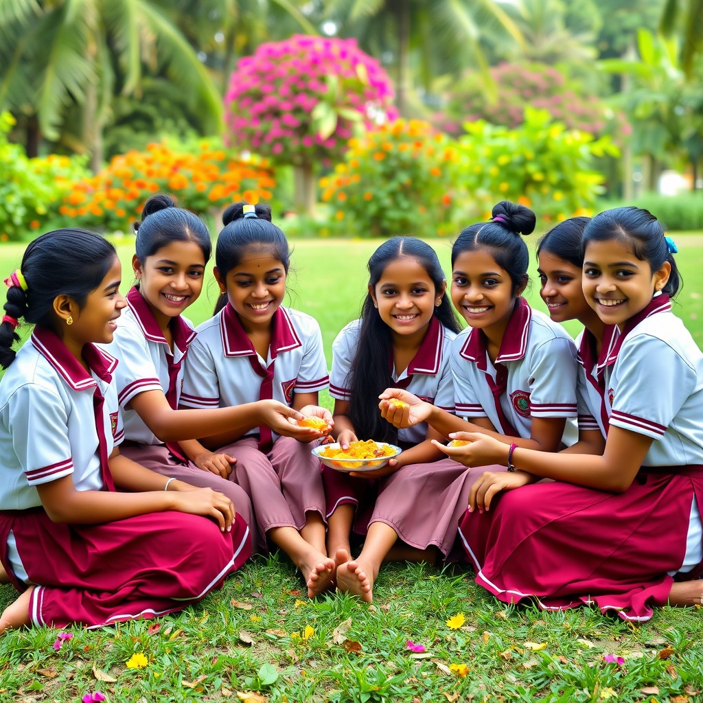 A heartwarming scene showcasing six Malayali school girls, around 10 years old, dressed in matching white and maroon school uniforms