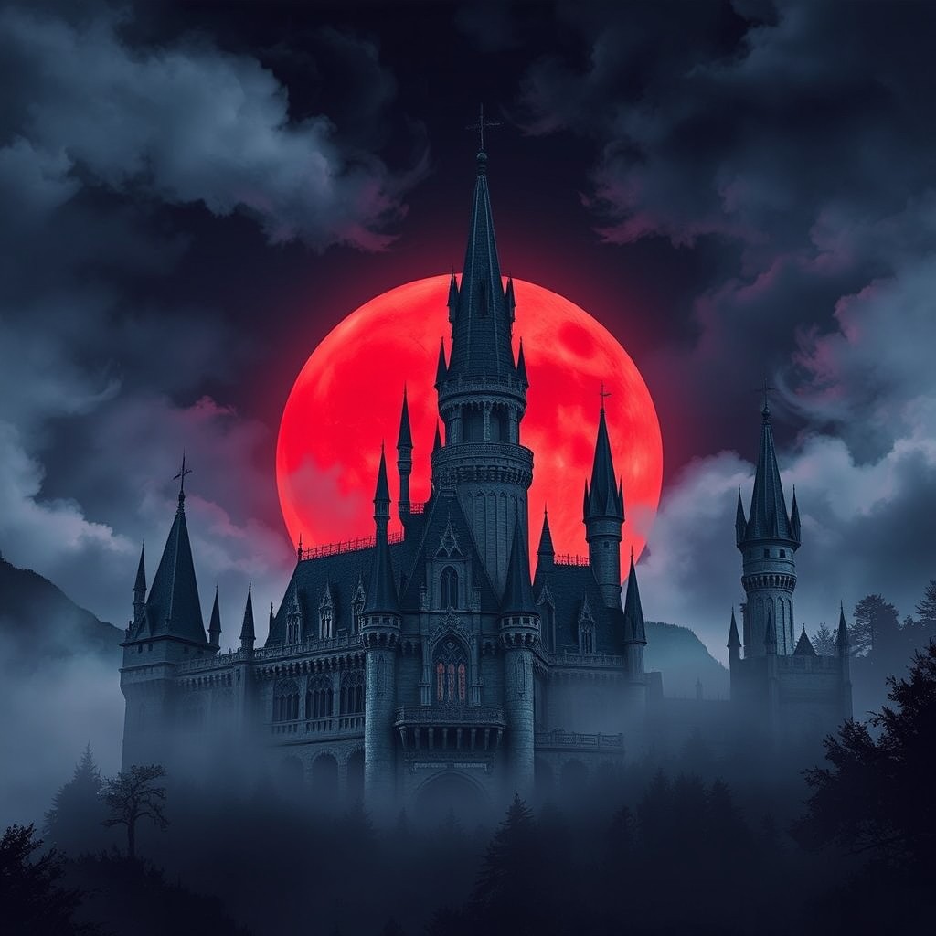 A majestic castle set against a dramatic red moon backdrop, the castle's architecture featuring tall towers and intricate stonework, surrounded by a misty forest