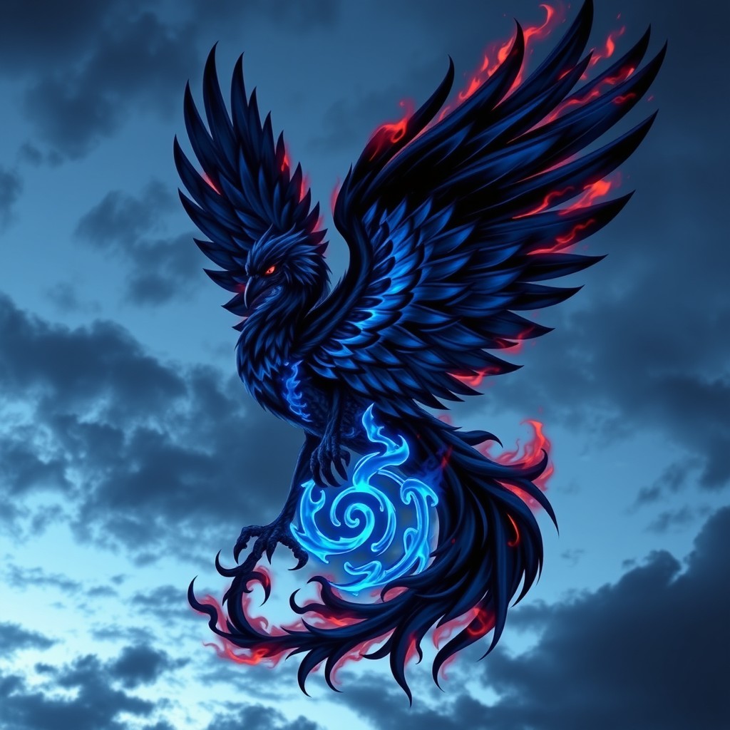 A captivating black and blue fire shadow Phoenix, embodying dark elegance and power, holds the Uchiha clan symbol firmly in its fiery talons