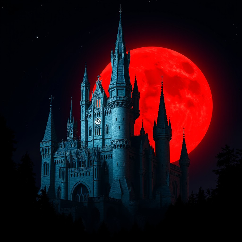 A majestic castle towering against a striking red moon, its tall spires and intricate stone design illuminated by the moonlight
