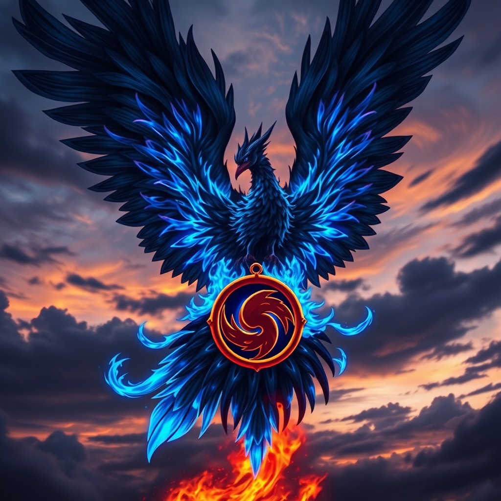 A stunning black and blue fire shadow Phoenix, radiating mystical energy with its dark feathers ignited in vibrant blue flames, gracefully holds the Naruto Uchiha clan symbol in its sharp talons