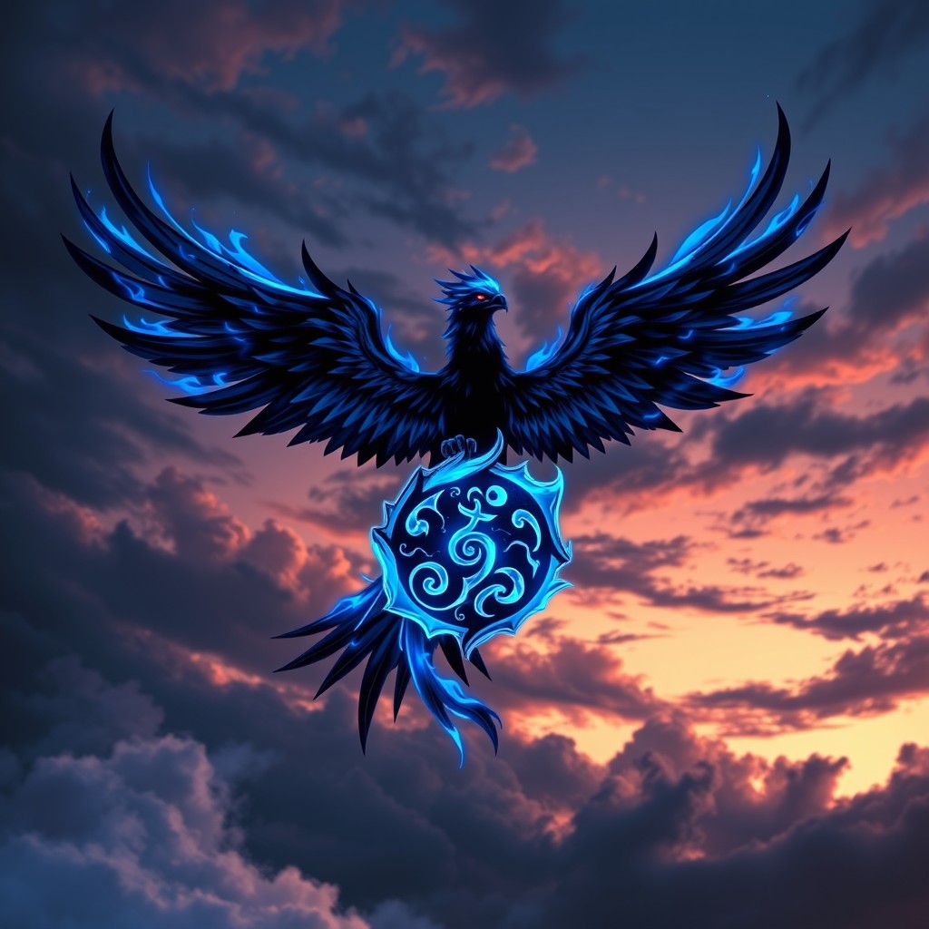 A striking black and blue fire shadow Phoenix, its feathers ablaze with vibrant blue flames and deep black shadows, gracefully holds the Naruto Shippuden Uchiha clan symbol in its sharp talons