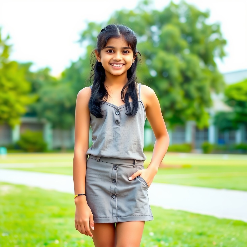 An Indian schoolgirl wearing a stylish spaghetti strap tank top and a mini skirt, standing confidently with a joyful expression