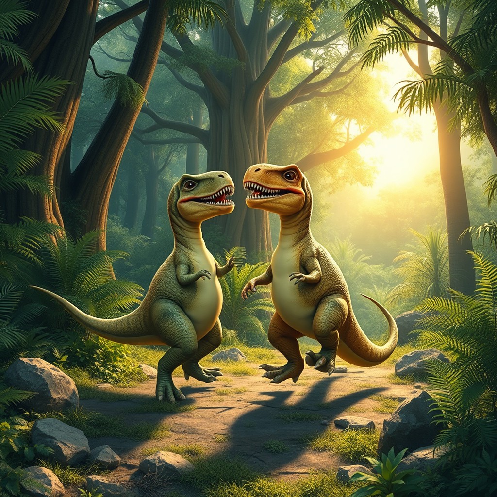 Two playful dinosaurs dancing joyfully in a lush prehistoric landscape, surrounded by ferns and towering trees reminiscent of the Mesozoic era