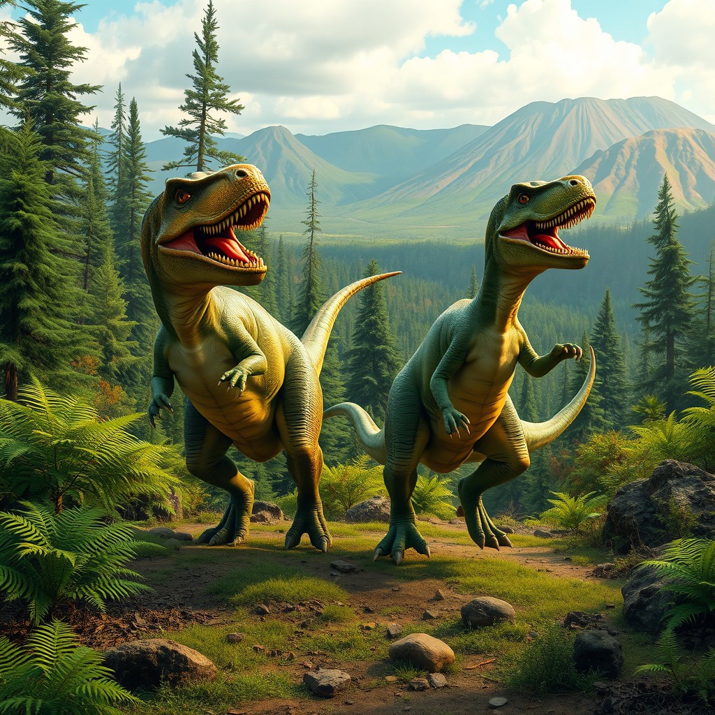 Two dinosaurs, a T-Rex and a Velociraptor, dancing joyfully in a prehistoric nature setting, surrounded by lush ferns, towering conifers, and vibrant volcanic landscapes