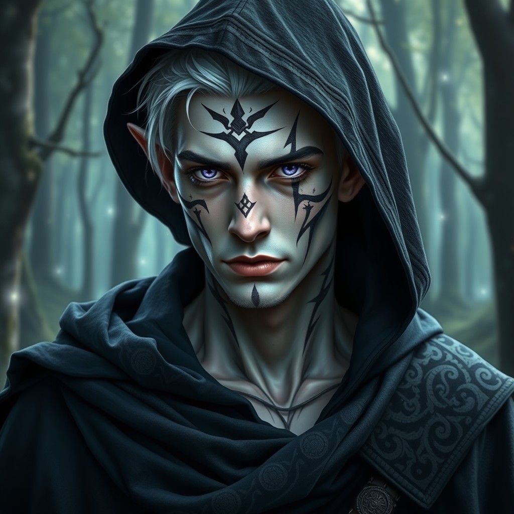 A male elf with striking albino skin, featuring a prominent facial tattoo that adds to his mystique and character