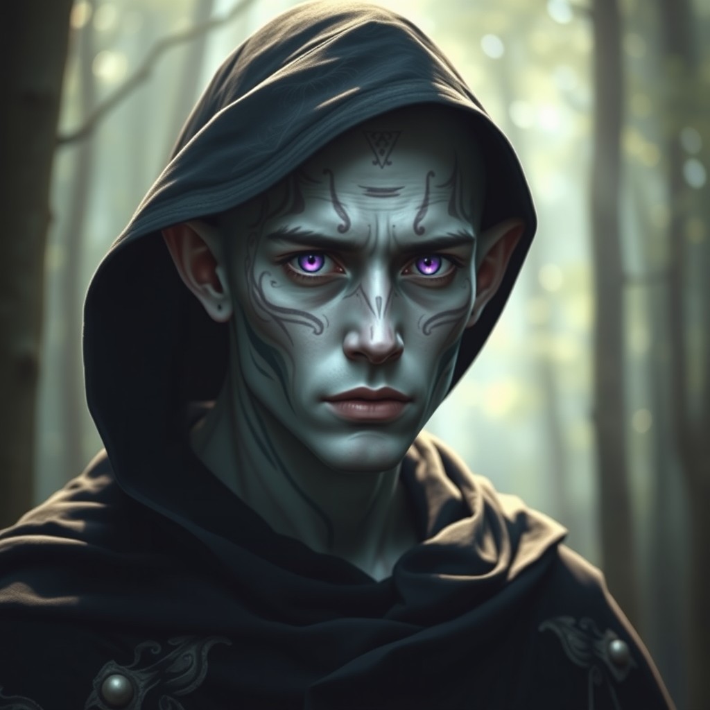 A male elf with striking albino skin and unique facial tattoos that enhance his enigmatic appearance