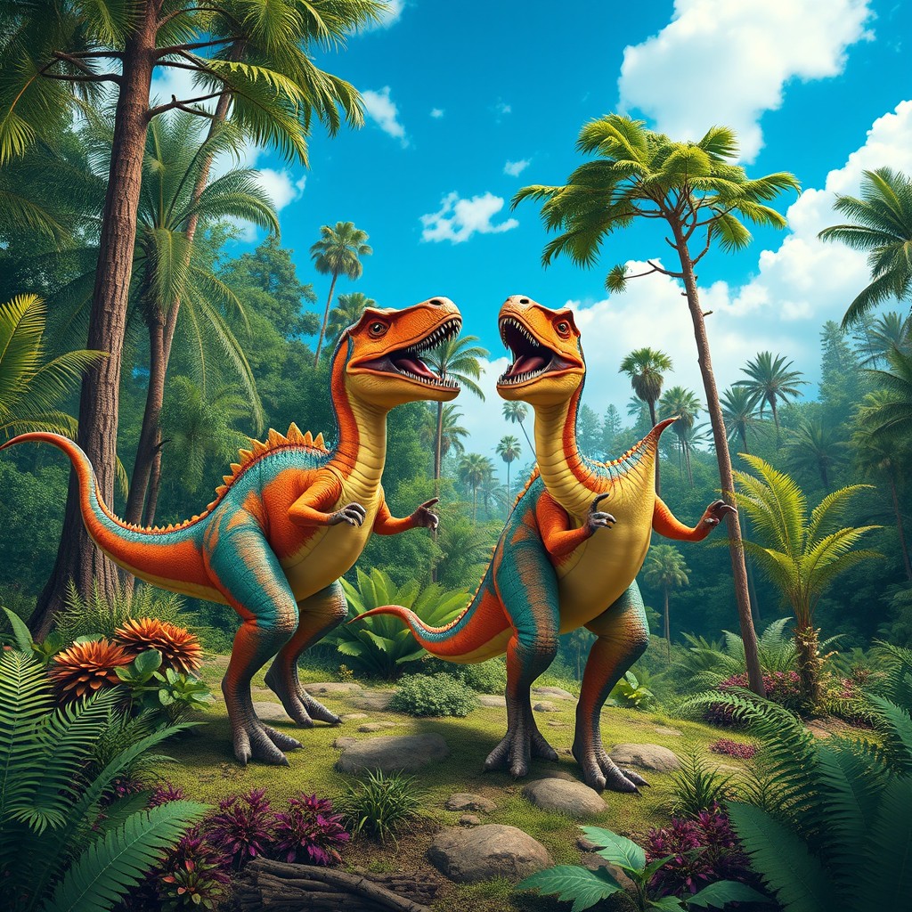 Two colorful dinosaurs dancing joyously in a lush prehistoric landscape filled with ferns, towering trees, and a vibrant blue sky