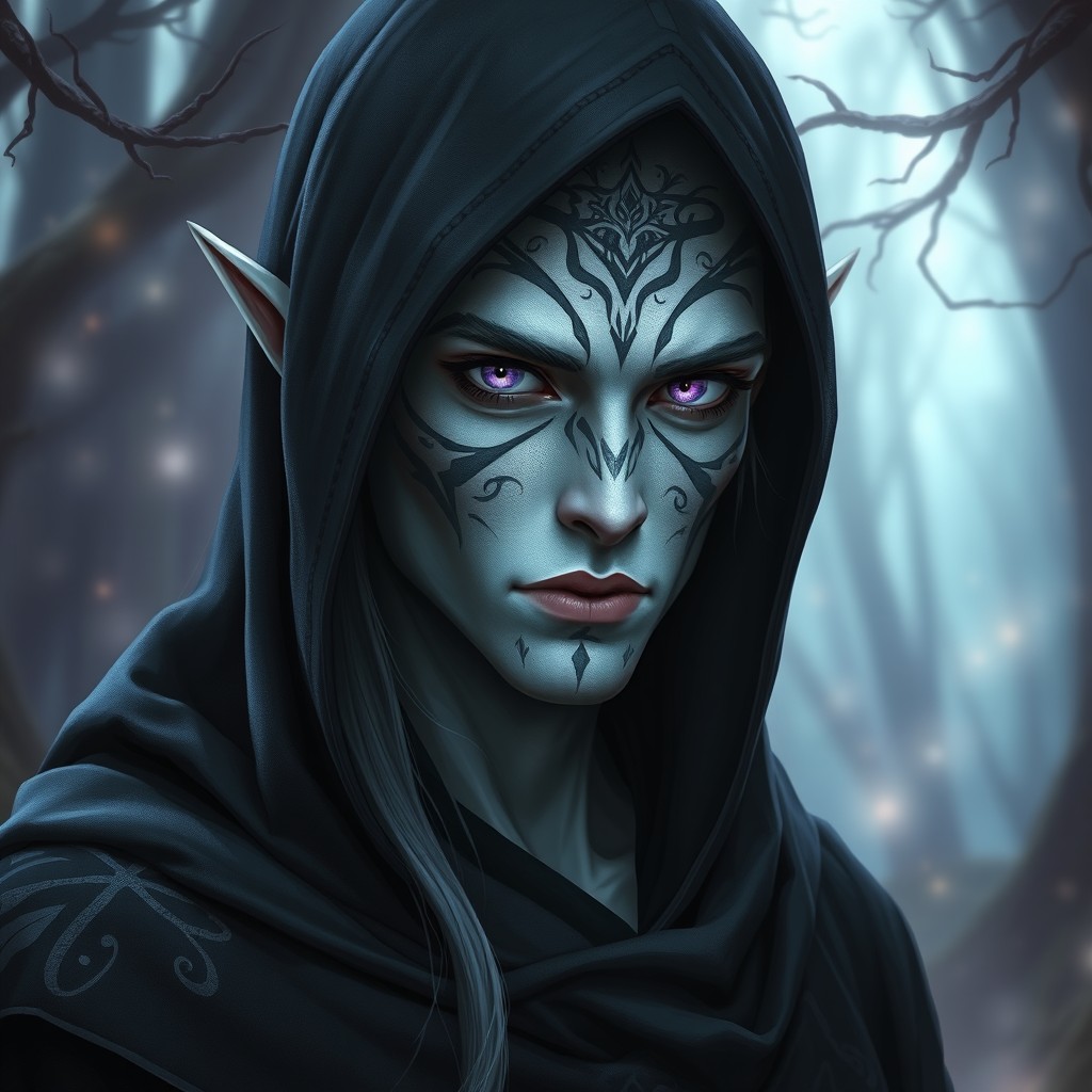 A male elf with striking albino skin, featuring intricate facial tattoos that enhance his mystical appearance