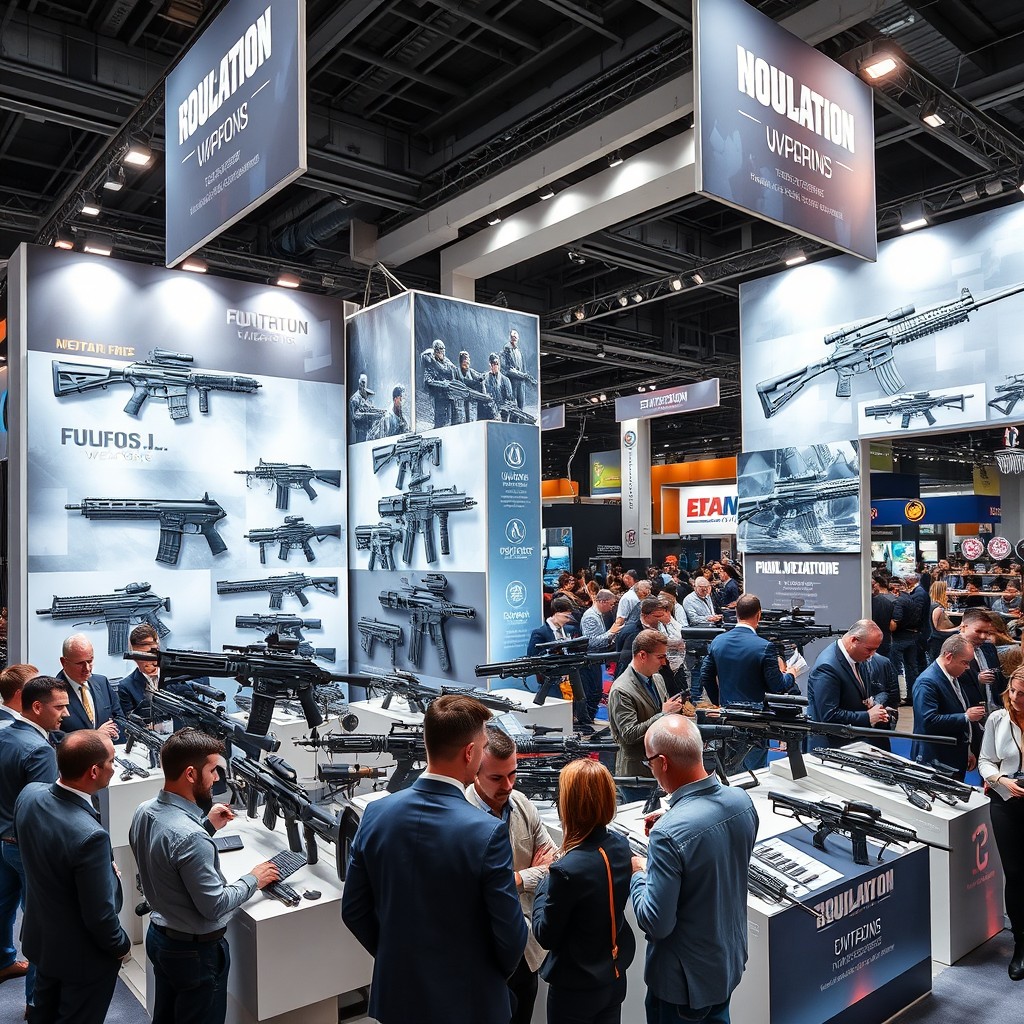 A highly detailed and dynamic weapons exhibitor booth at a military expo, showcasing an array of weaponry including futuristic rifles, tactical gear, and armory on display stands