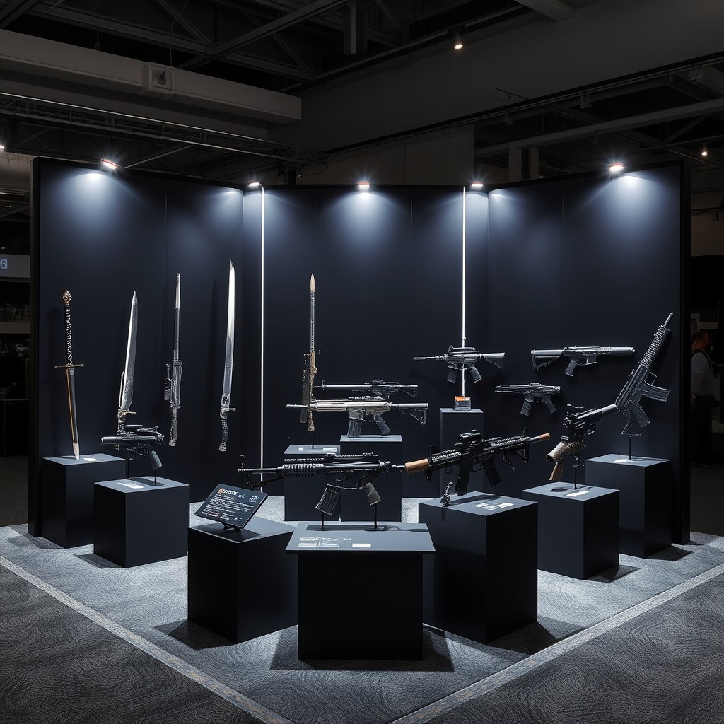 A detailed exhibition booth designed for showcasing weapons, measuring 5x10 feet