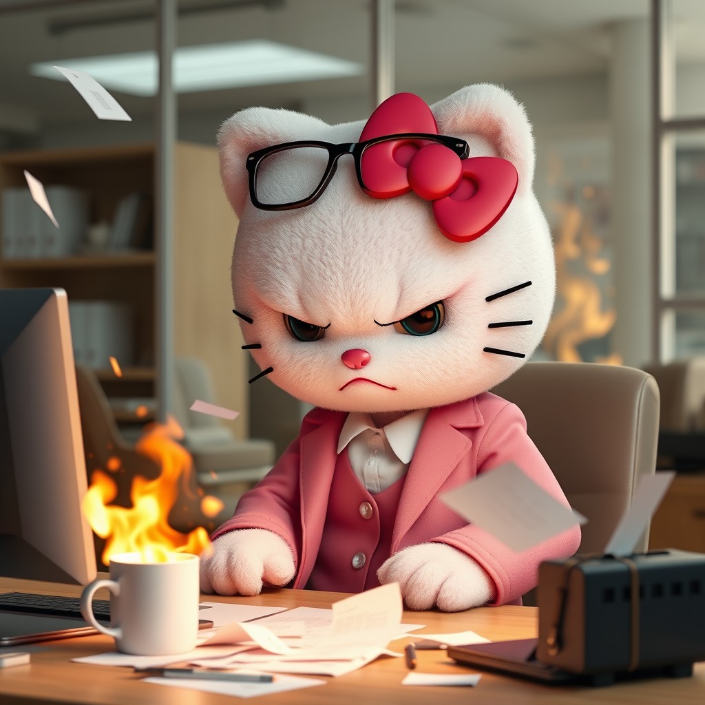 A hyper-realistic 3D image of an adult version of Hello Kitty, made with plush bear-like texture, sitting in a modern office