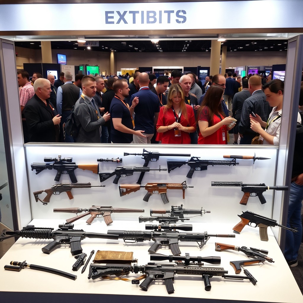 A vibrant exhibition scene showcasing a weapons exhibitor booth measuring 5×10 feet, designed for a display of 7 impressive weapons