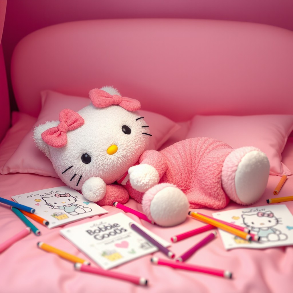 A hyper-realistic 3D image of an adult version of Hello Kitty, designed with soft plush bear textures