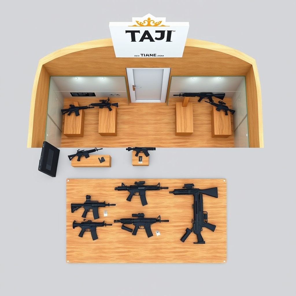 A booth designed for displaying firearms at an exhibition, measuring 10 meters wide and 5 meters deep, without a ceiling but featuring a top fascia with branding in the shape of a crown or taj