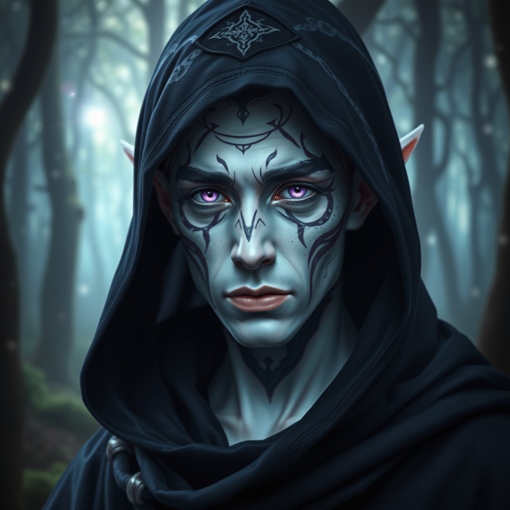 A male elf with striking albino skin, adorned with intricate facial tattoos that highlight his unique heritage