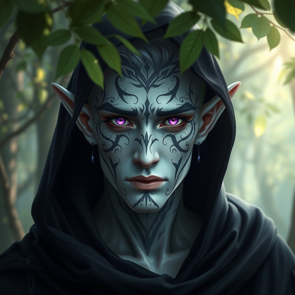 A male elf with distinctive albino skin, showcasing elaborate facial tattoos that emphasize his striking features