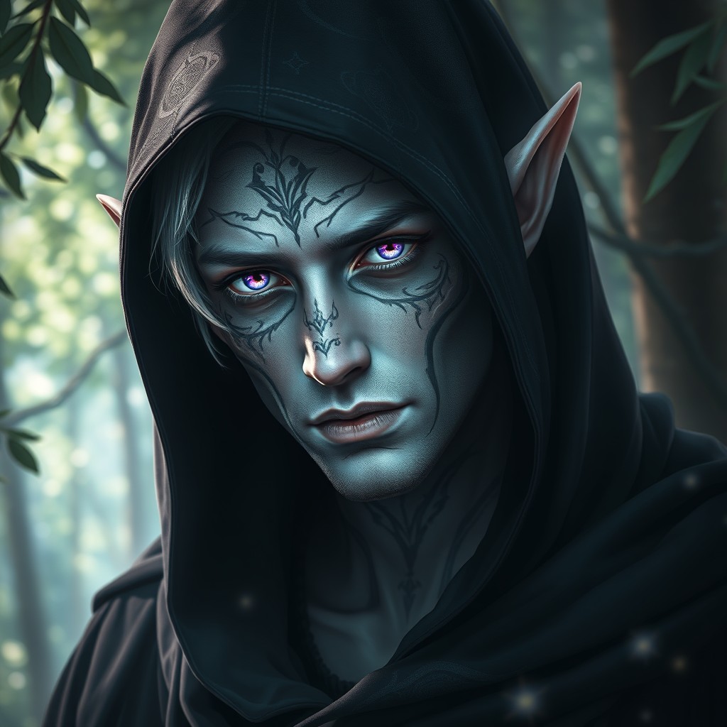 A male elf characterized by his stunning albino skin and captivating purple eyes, which shimmer with an enchanting glow