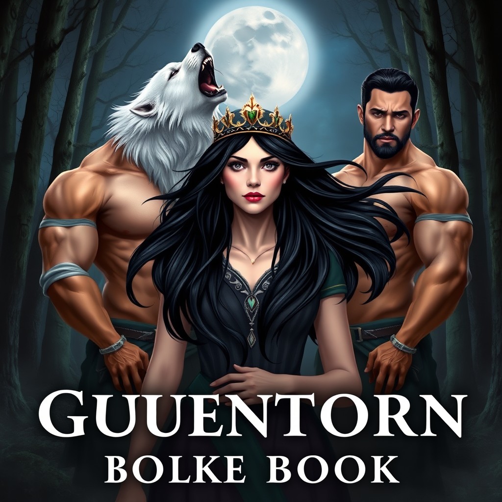 A fantasy book cover featuring two identical muscular men wearing long sleeve shirts standing on either side of a woman with flowing black hair adorned with a crown