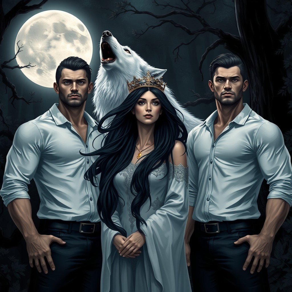 Two muscular men wearing long sleeve shirts, standing on either side of a woman with flowing black hair and a crown