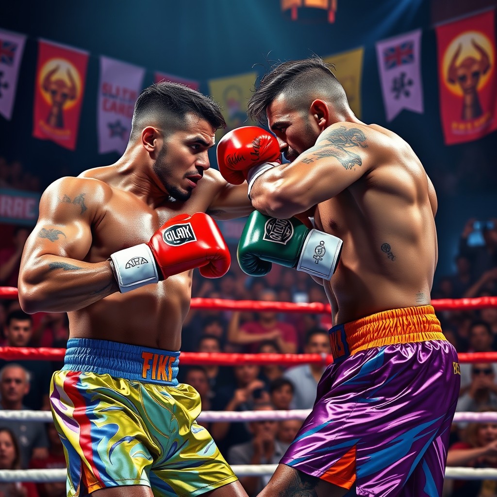A vibrant and dynamic boxing scene showcasing two muscular boxers in an intense fight in a colorful ring