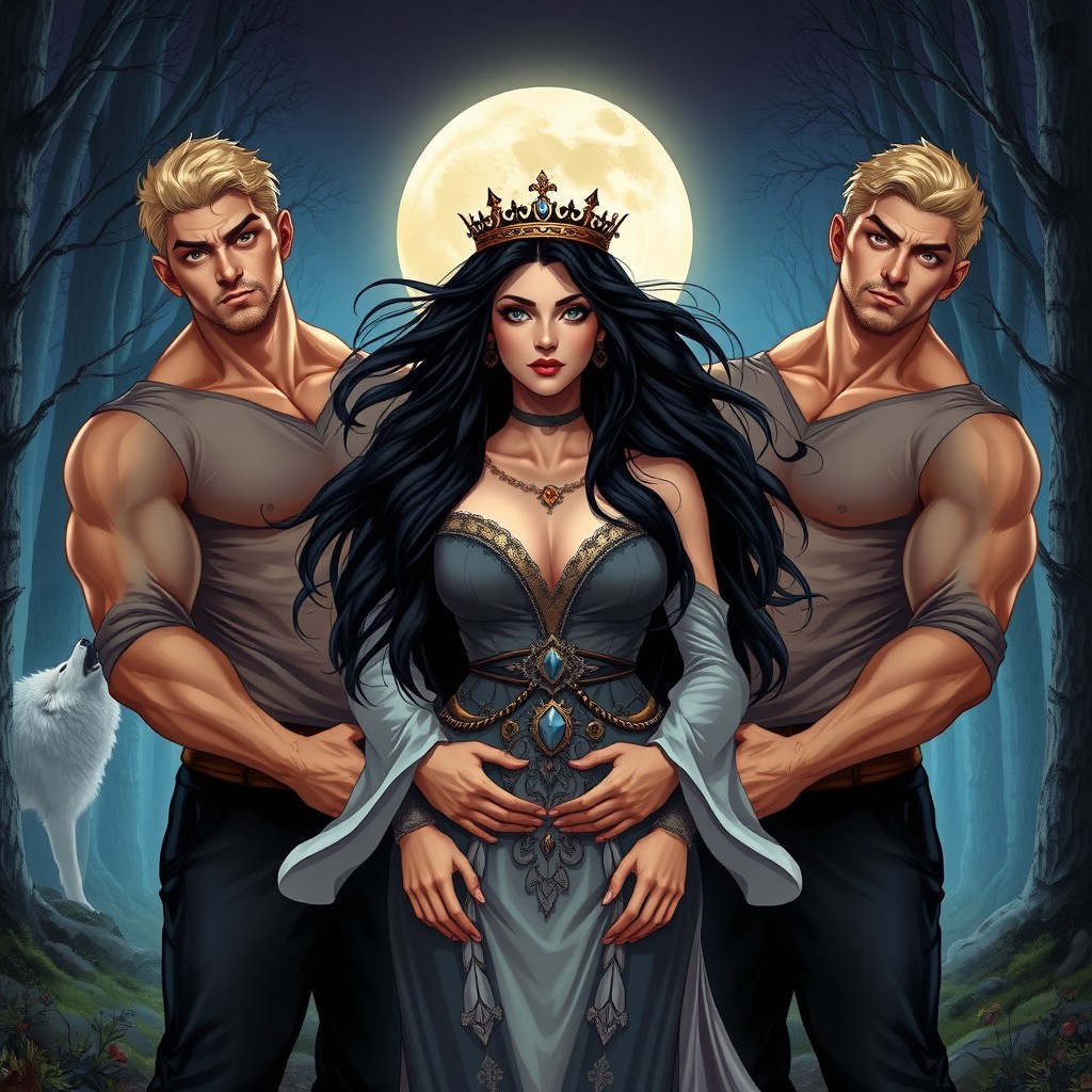 A scene featuring two muscular men wearing long-sleeve shirts standing on either side of a beautiful woman with flowing black hair adorned with a crown