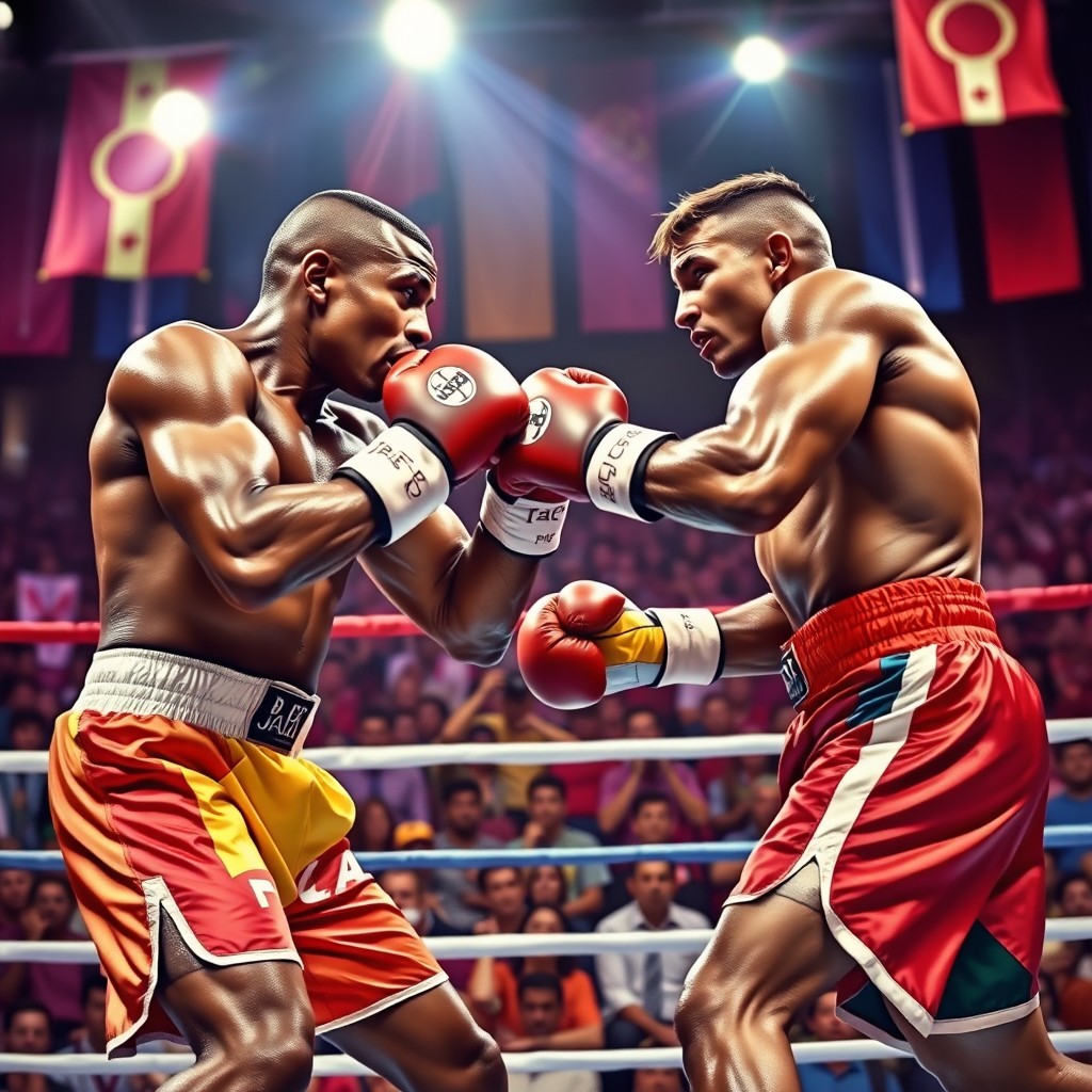 A colorful and energetic boxing scene featuring two skilled boxers engaged in a fierce match inside a vibrant boxing ring