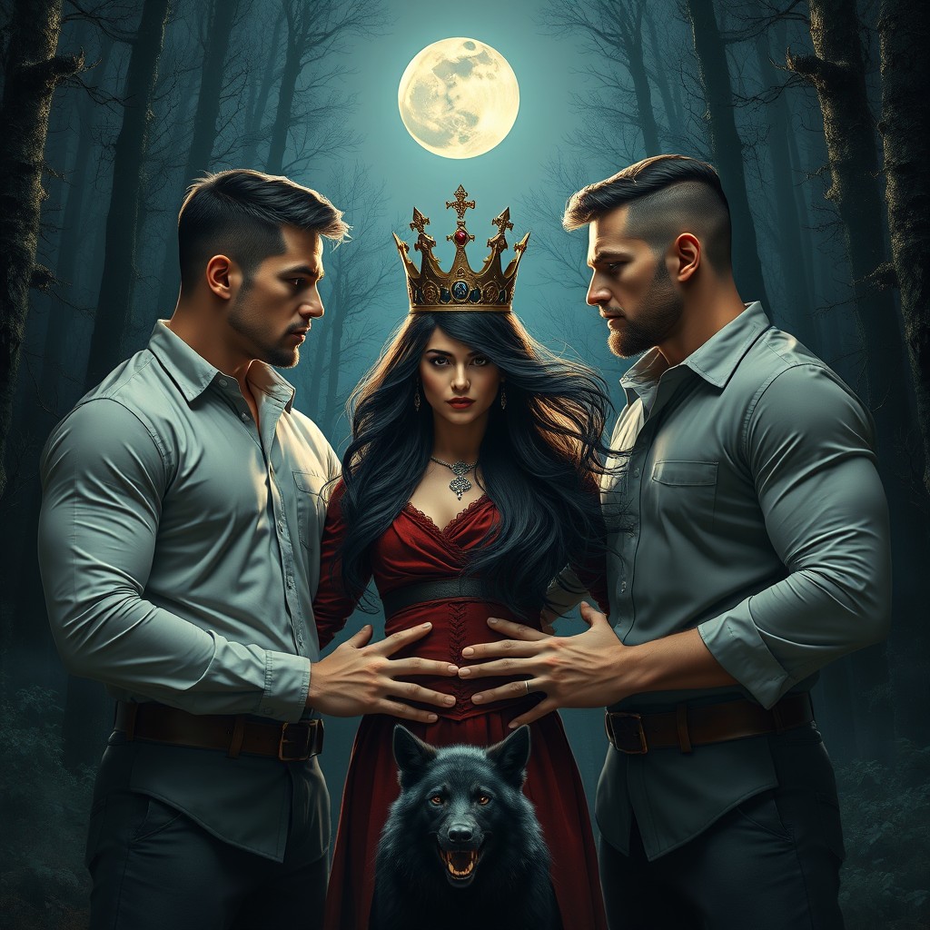 A captivating scene of two tall, muscular men wearing longsleeve shirts, positioned protectively on either side of a striking woman with flowing black hair, crowned regally