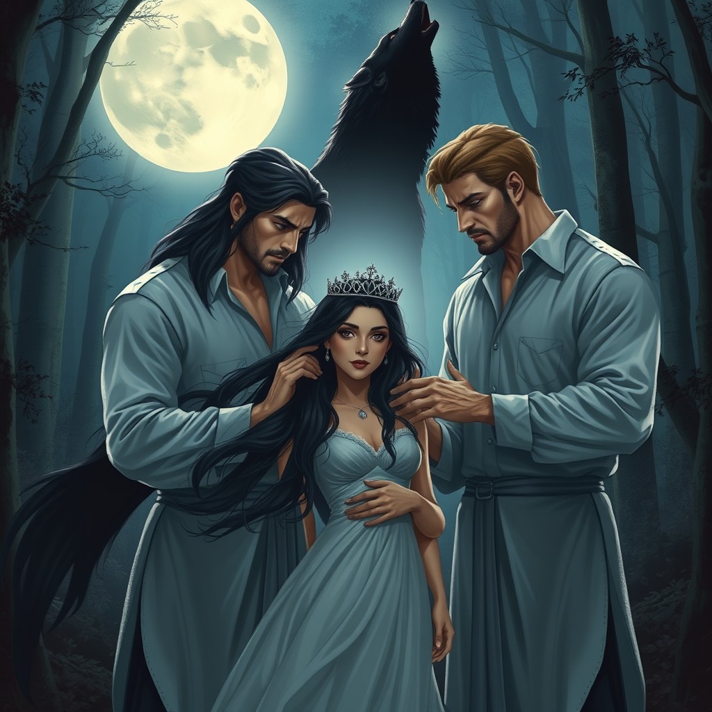 A captivating scene depicting two identical, tall, muscular men wearing longsleeve shirts, standing protectively on either side of a woman with flowing black hair, who is adorned with a delicate crown