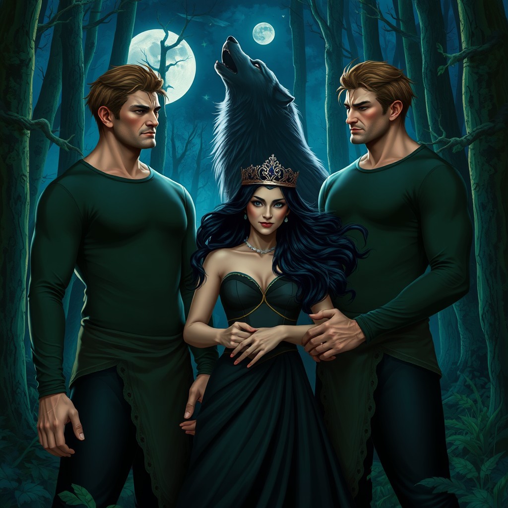 A captivating scene in a mystical forest at night, featuring two identical, tall, and muscular men wearing fitted longsleeve shirts standing protectively on either side of a woman