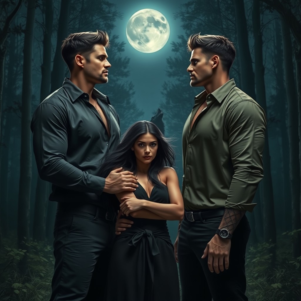 A captivating scene in a forest at night featuring two identical tall muscular men, both wearing stylish longsleeve shirts