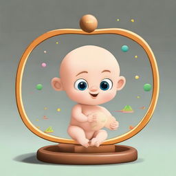 An animated image of a cute baby resembling Archimedes, placing the symbolic 'lever of knowledge' down on one side, causing the world to be elevated on the other. The fulcrum, located at the center of the lever, embodies the Spirit of Children.