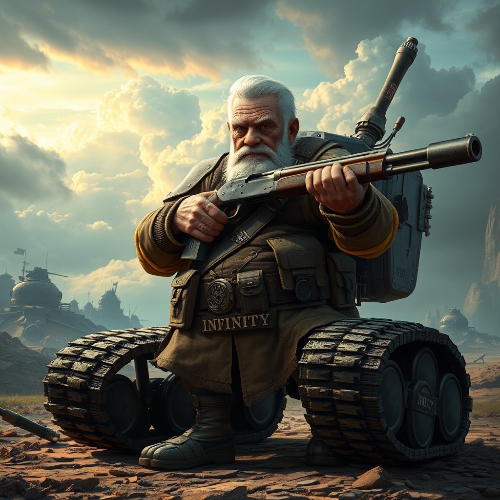 An elderly man, resembling a tank, standing in a fantasy battlefield setting
