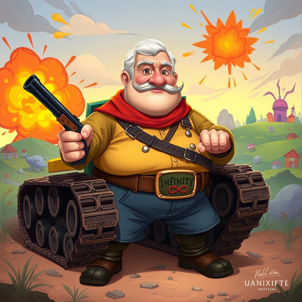 A 2D illustration of an elderly man resembling a tank, confidently standing in a vibrant, cartoonish battlefield