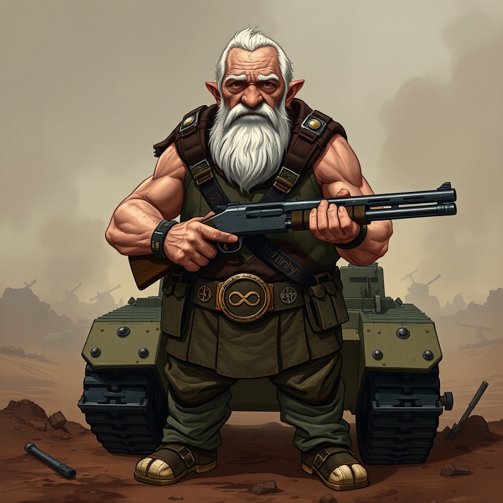 A 2D illustration of an elderly man resembling a tank, depicted in a more realistic and artistic style rather than cartoonish