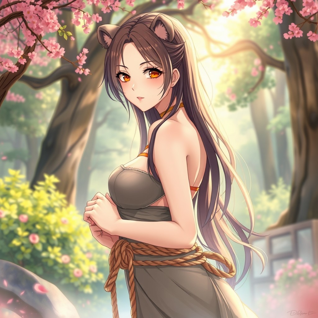 A beautiful and slender woman resembling a bear in anime style, elegantly tied with shibari ropes in an artistic pose