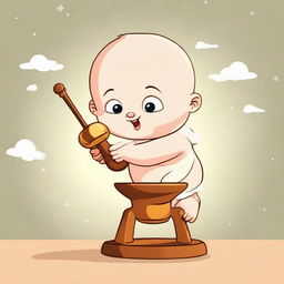 An animated image of a cute baby resembling Archimedes, placing the symbolic 'lever of knowledge' down on one side, causing the world to be elevated on the other. The fulcrum, located at the center of the lever, embodies the Spirit of Children.