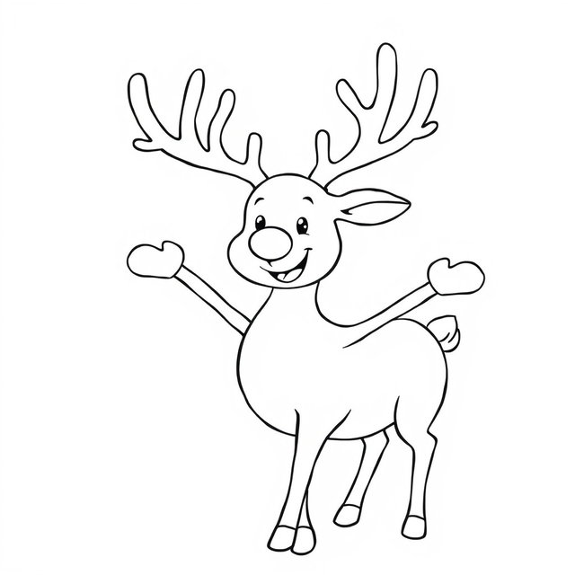 A Christmas reindeer coloring page featuring a reindeer in a festive pose, designed with simple, bold outlines and no shading or color