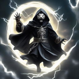 Mysterious figure named Ki Singalodra, with face obscured by a black mask, wearing a hooded robe adorned with silver lion stripes, soaring in the sky, brandishing claws made of lightning.