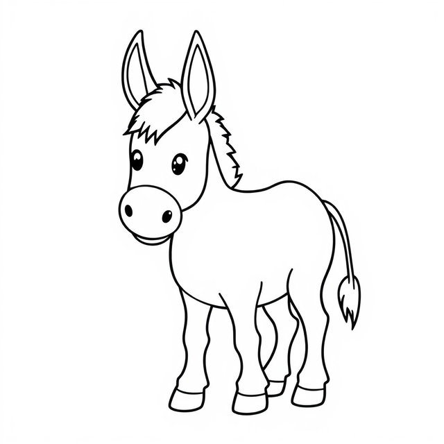 A simplistic and charming black and white coloring page featuring a donkey