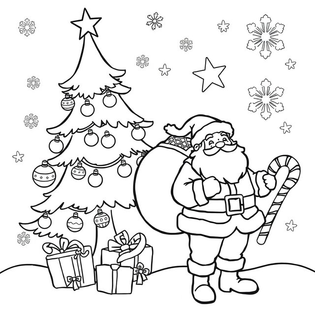 A Christmas coloring page featuring simple and bold line art designs, showcasing traditional holiday symbols such as a Christmas tree with ornaments, a jolly Santa Claus with a sack of gifts, and festive decorations like candy canes and snowflakes