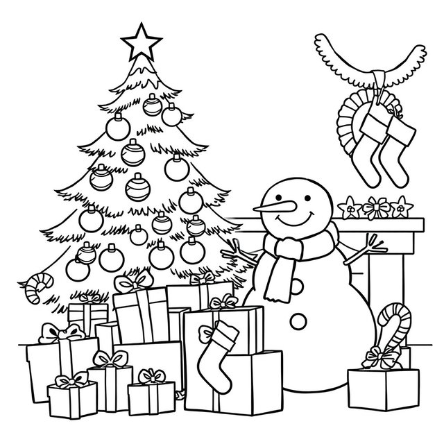 A Christmas-themed coloring page featuring simple, bold black and white line art