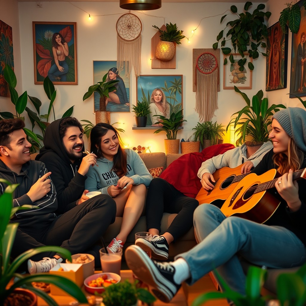 A relaxed and chill scene featuring a group of friends lounging in a cozy living room filled with green plants and colorful artwork