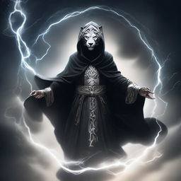 Mysterious figure named Ki Singalodra, with face obscured by a black mask, wearing a hooded robe adorned with silver lion stripes, soaring in the sky, brandishing claws made of lightning.