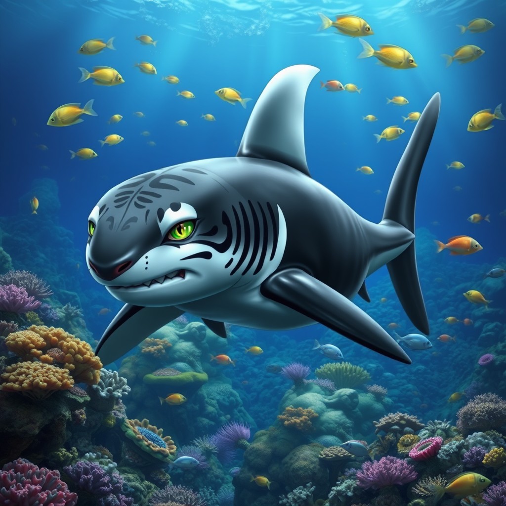 A fantastical marine creature that is a unique blend of a tiger and a shark