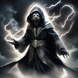 Mysterious figure named Ki Singalodra, with face obscured by a black mask, wearing a hooded robe adorned with silver lion stripes, soaring in the sky, brandishing claws made of lightning.