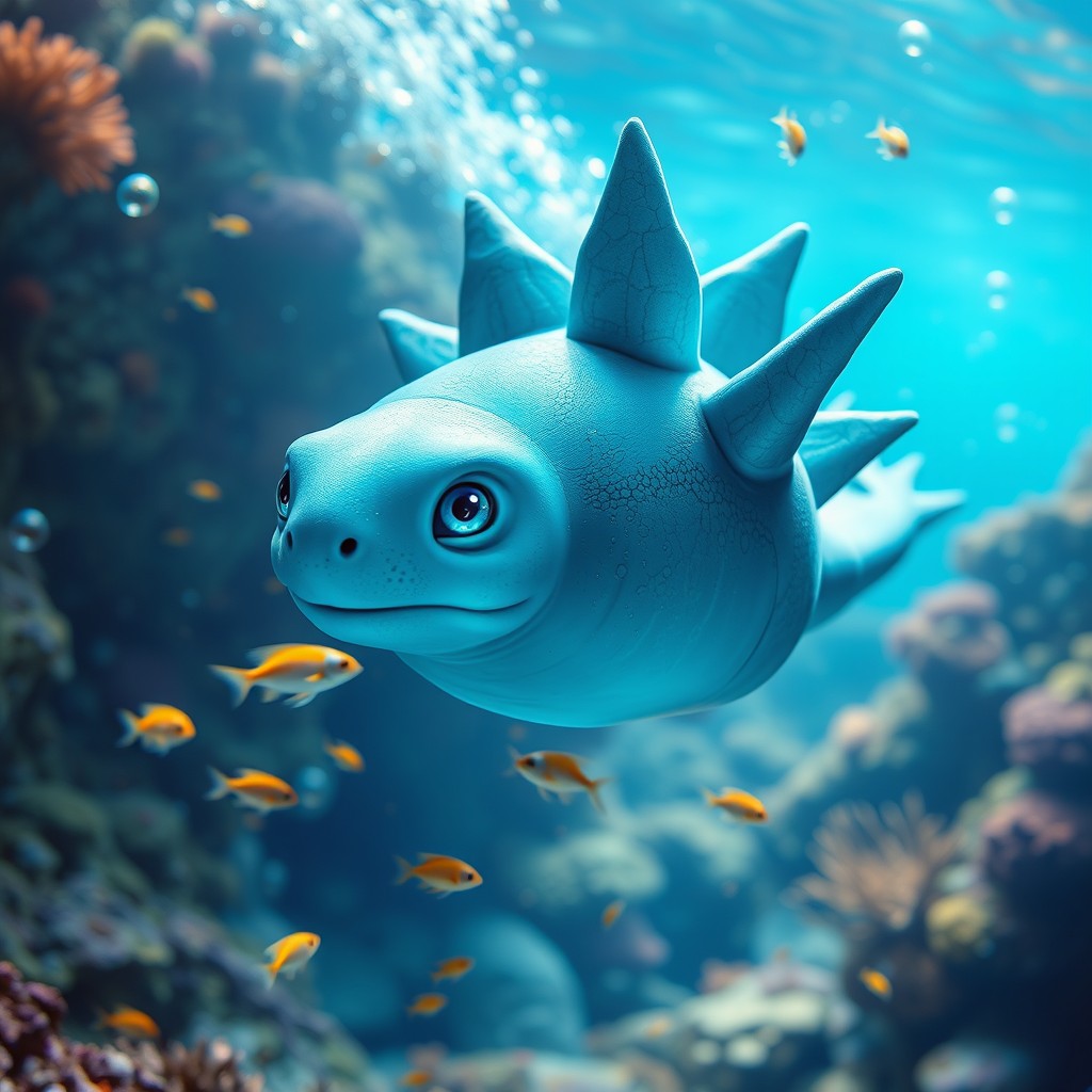 A mesmerizing ocean creature characterized by its smooth blue skin that glimmers under the water's surface